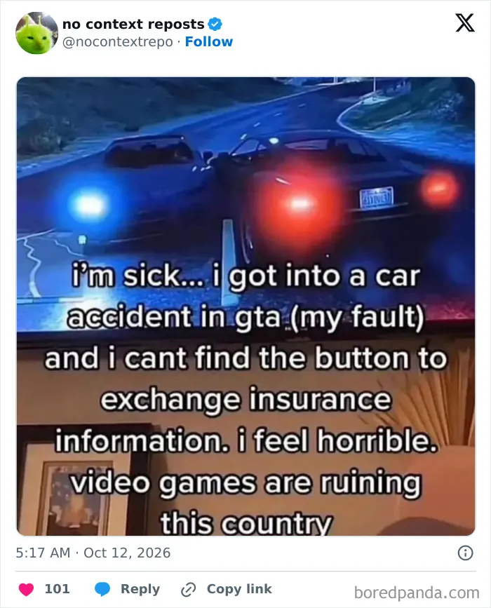 Car accident in GTA meme complaining about video games