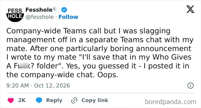 Anonymous confessions post about accidentally sending a sarcastic message in a company-wide chat