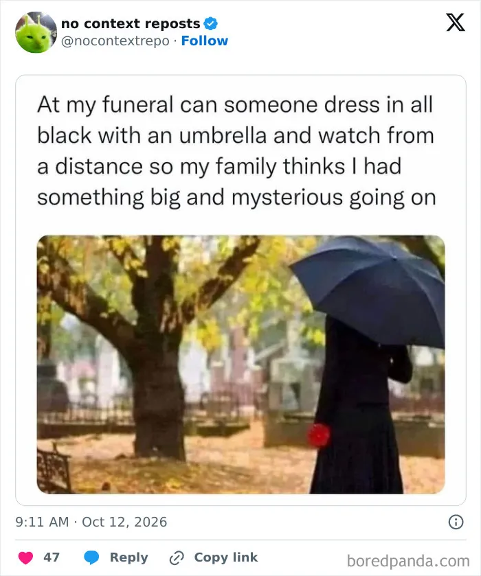 Meme about dressing in black with umbrella at funeral for mystery