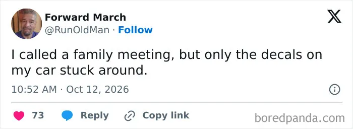 A funny post from parenting tweets about calling a family meeting where only car decals stayed.