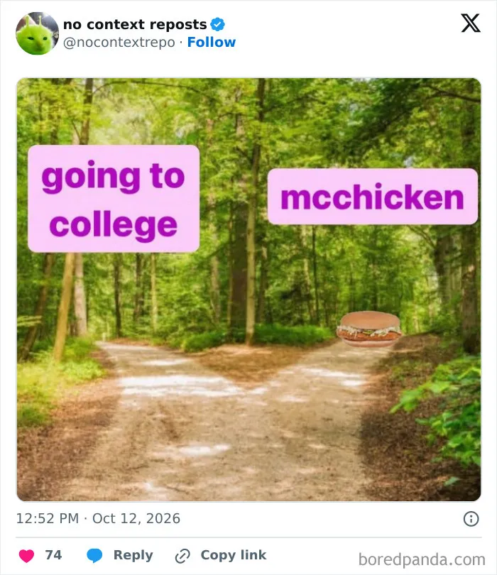 Path with signs pointing to college and McChicken in random internet meme
