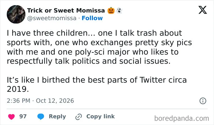 Relatable post featured in October parenting tweets about how having three kids feels like 2019 Twitter.