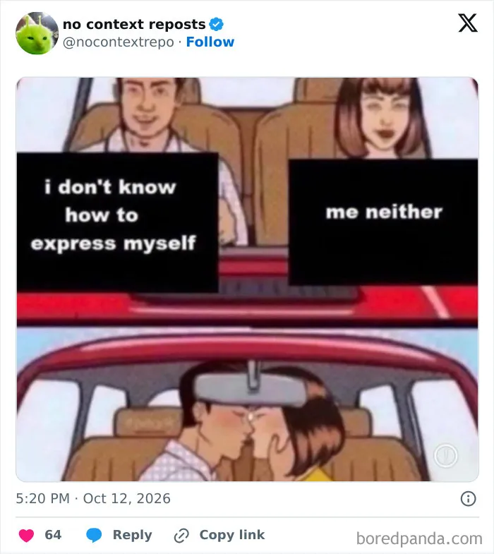 Cartoon couple unable to express feelings but sharing a kiss