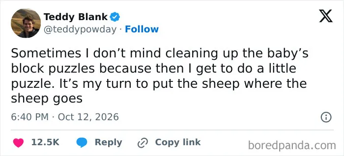 Funny tweet about cleaning up toy block puzzles, featured in a collection of relatable parenting tweets.