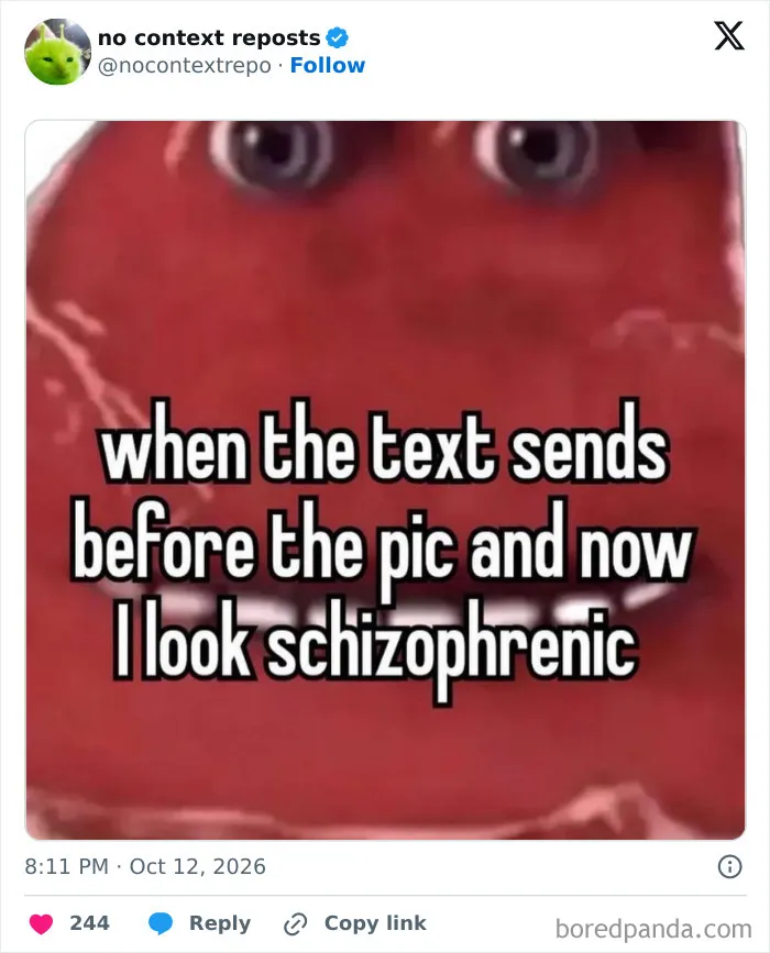 Close-up of red face with text about text sending before picture meme