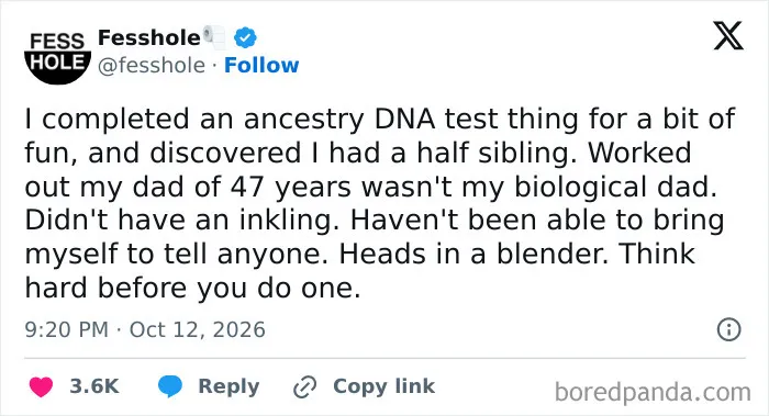 Anonymous confessions post about discovering a family secret after taking an ancestry DNA test.
