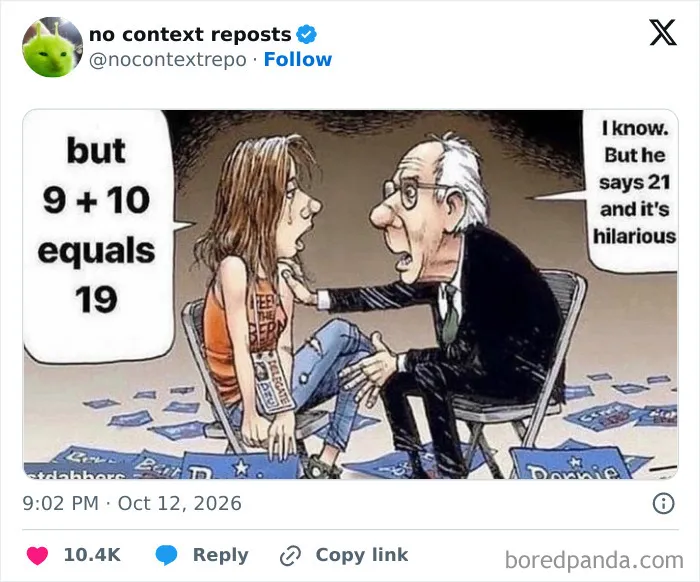 Cartoon meme debating if 9 plus 10 equals 21 humorous