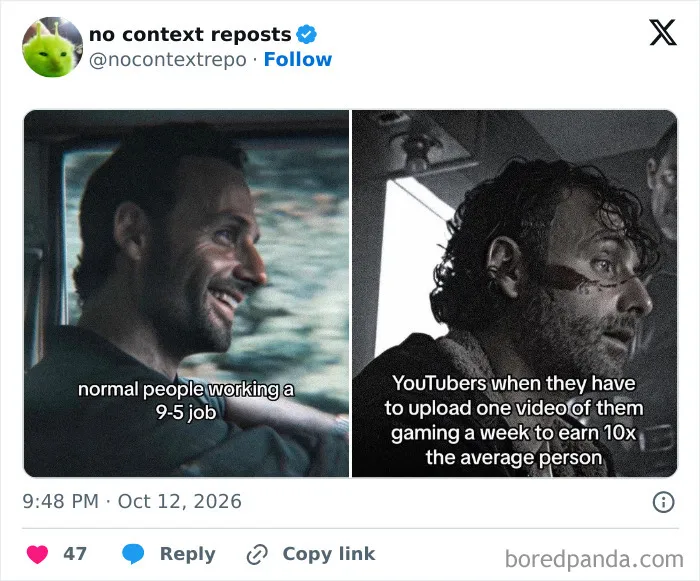 Meme comparing normal jobs to YouTubers gaming for income