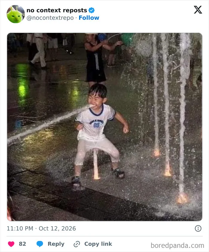 Boy standing in fountain spraying water from mouth random memes