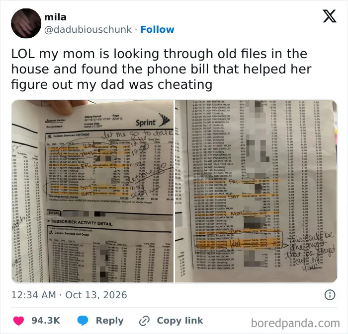 A tweet shared in October featuring old phone bills used to catch a cheating dad.