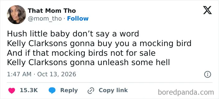 Humorous post from parenting tweets rewriting a classic lullaby with a modern pop culture twist.