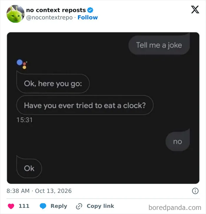 Funny chat with assistant about eating a clock joke