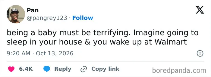 Hilarious tweets screenshot about a baby sleeping and waking up at Walmart
