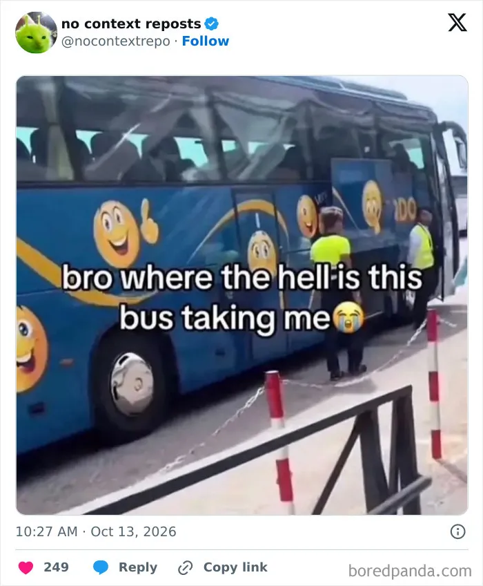Photo of bus covered in emoji stickers with caption questioning destination meme