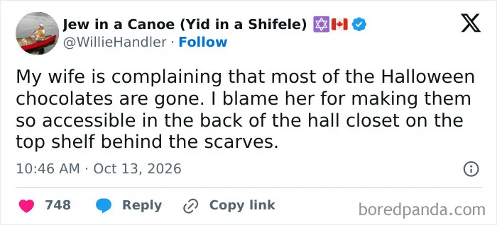 Spooky season post with a funny tweet about eating hidden Halloween chocolates.