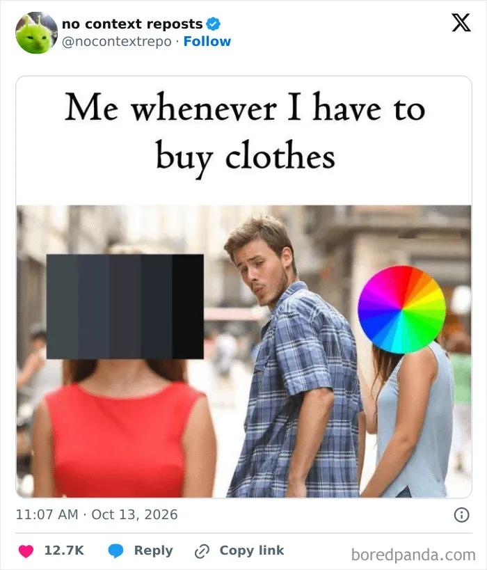 Distracted boyfriend meme about buying clothes with color choices