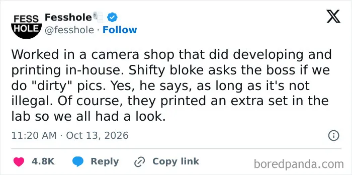 Social media text post sharing anonymous confessions about working at a photo printing store.