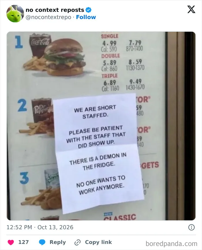 Drive-thru sign with humorous short staffing note meme