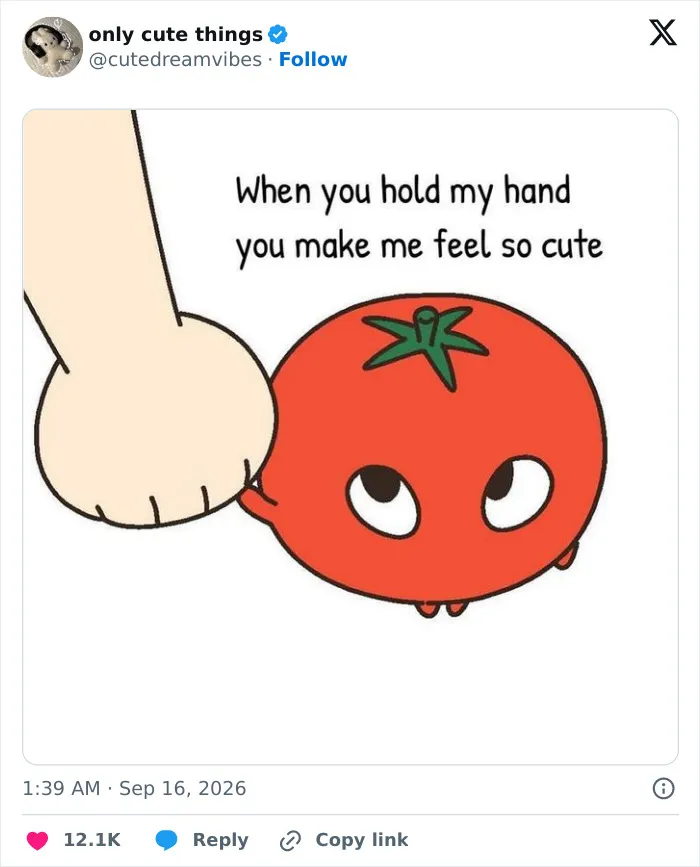 Cute cartoon tomato holding a hand with text about feeling cute