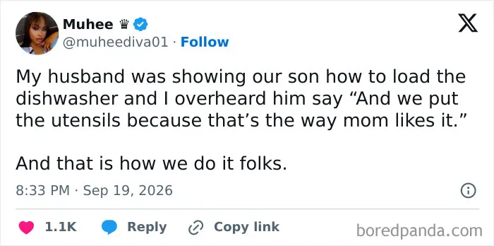 Relatable marriage tweets about a husband teaching their son how to properly load a dishwasher