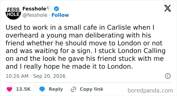 A post with anonymous confessions describing a cafe worker playing London Calling to give a young man a sign.