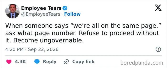 Relatable work tweets about asking for the exact page number when told we are on the same page.