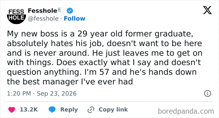 Anonymous confessions post about a worker praising their young hands-off manager.