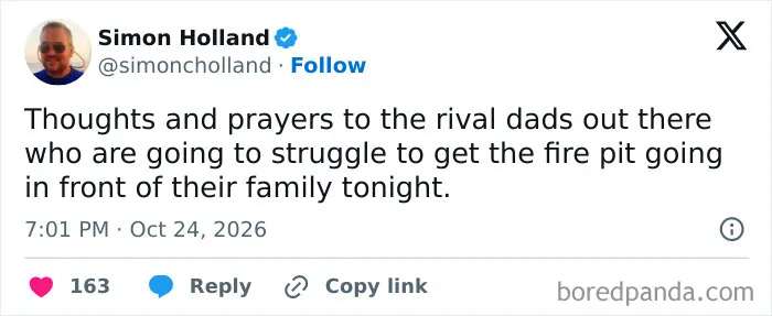 Funny joke from parenting tweets about dads struggling to light a fire pit in front of family.