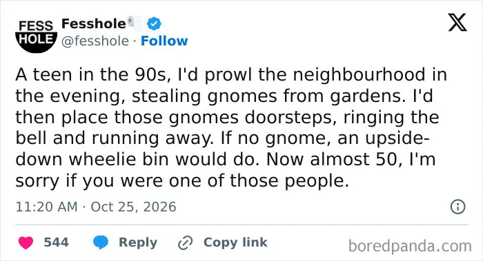 Anonymous confessions post reflecting on teenage neighborhood pranks involving garden gnomes.