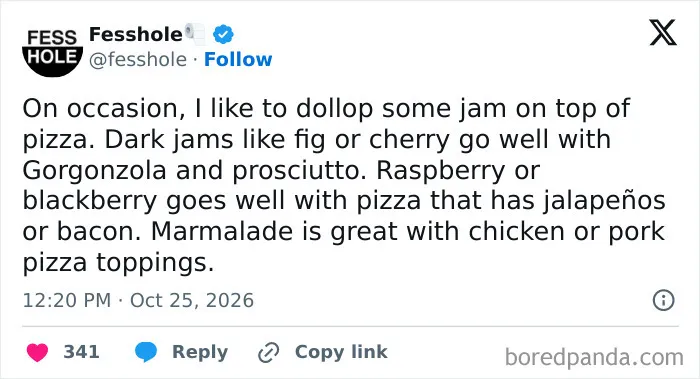 Anonymous confessions post sharing unusual food combinations like putting jam on pizza.