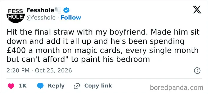 Social media post showing anonymous confessions about a boyfriend spending money on magic cards instead of paint.