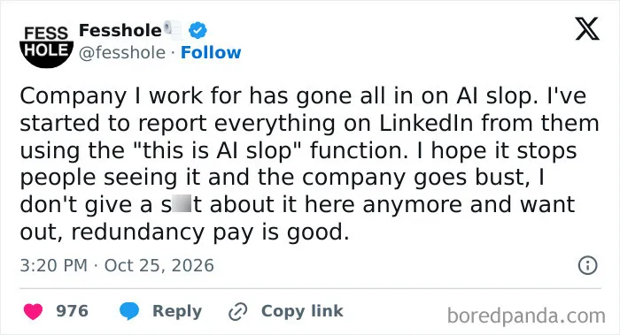 Social media text with anonymous confessions about reporting company AI slop on LinkedIn for redundancy pay.