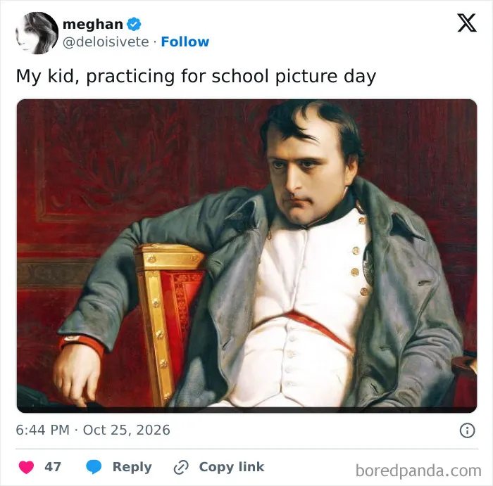 Parenting tweets post showing a painting of Napoleon with text about practicing for school picture day