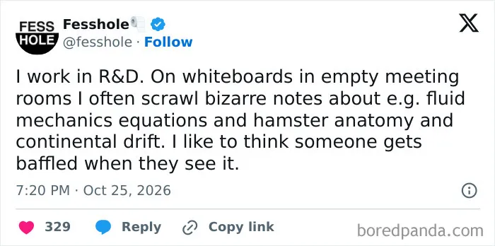 Post showing anonymous confessions about writing bizarre equations and notes on office whiteboards.