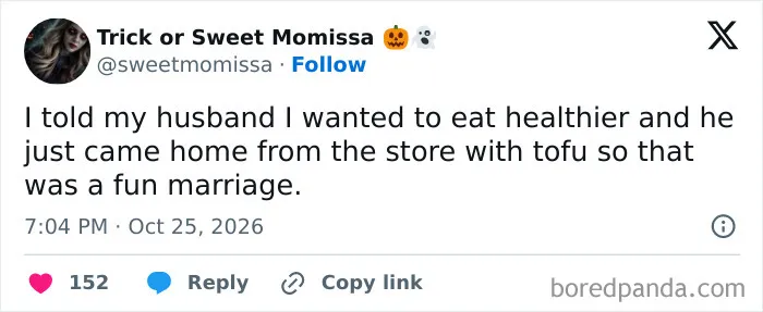 Hilarious tweets highlighting marriage humor after a husband buys tofu for a healthy diet