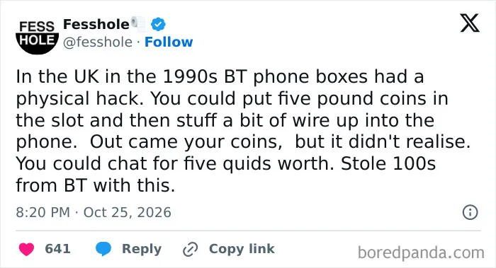 Anonymous confessions post about stealing from BT phone boxes using a physical coin wire hack in the 1990s.