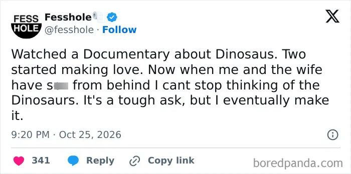 Anonymous confessions social post about watching a dinosaur documentary and thinking of it later.