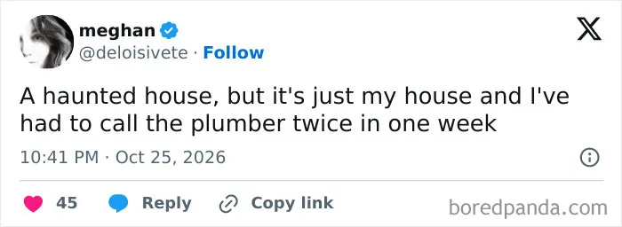 Funny parenting tweet comparing a house with frequent plumbing issues to a haunted house