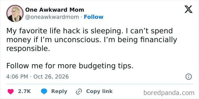 Funny tweet about sleeping as a budgeting tip, featured in a post with parenting tweets.