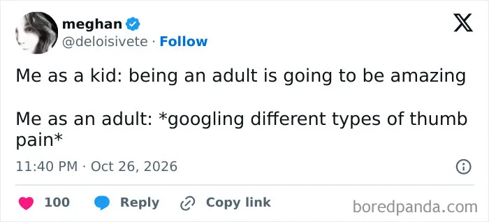 Relatable parenting tweet comparing childhood expectations to adult thumb pain.
