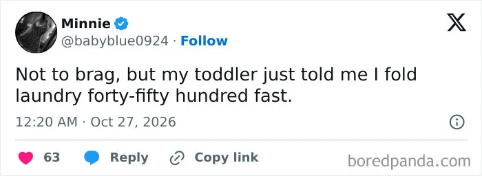 Funny parenting tweet about a toddler complimenting laundry folding speed.