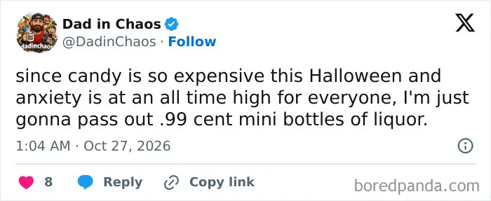 Parenting tweet joking about handing out mini liquor bottles for Halloween.