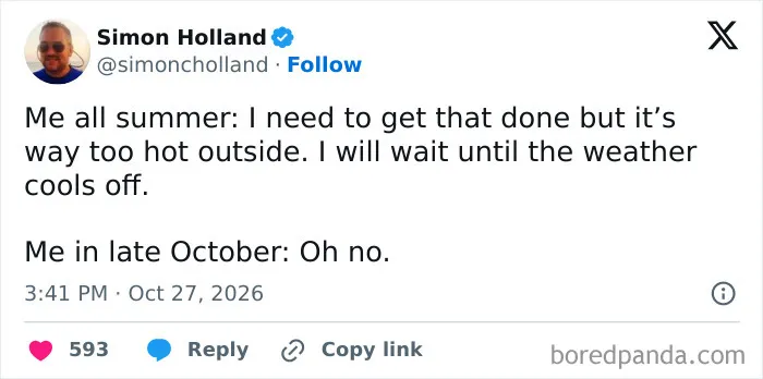 Funny post from a collection of parenting tweets about procrastinating yard work from summer until late October.