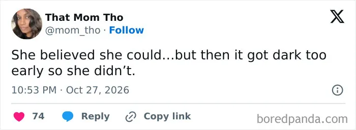 Relatable quote from parenting tweets about feeling unmotivated once it gets dark outside.