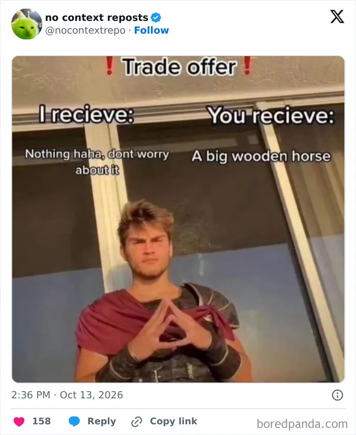 Man in costume offers a trade involving nothing for a big wooden horse meme