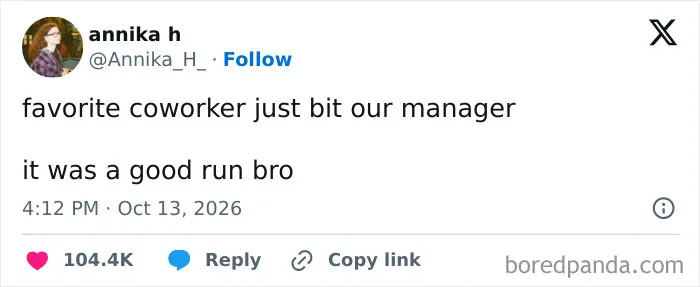 Hilarious tweet from October about a coworker biting a manager, showcasing funny work humor.