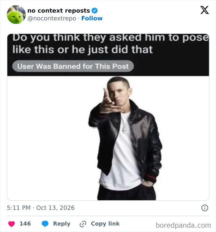 Eminem posing with text about user banned for this meme post