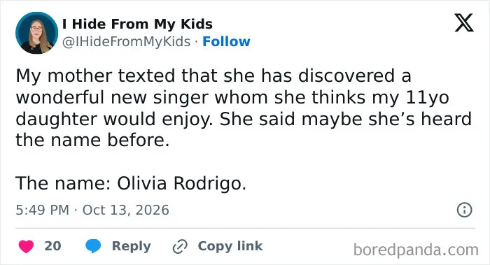 Amusing post from parenting tweets about a grandmother discovering Olivia Rodrigo for her granddaughter.