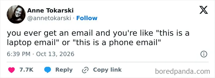 One of the hilarious tweets shared this October about categorizing emails as laptop or phone emails.