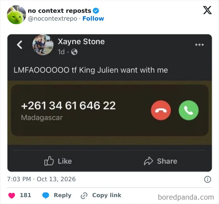 Screenshot of phone call meme referencing King Julien from Madagascar